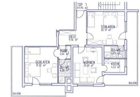 Eine Grundrisszeichnung einer Wohnung mit mehreren Räumen. Die Räume umfassen Schlafzimmer, ein Wohnzimmer, eine Küche und Badezimmer. - Appartement Viertler - Sölden