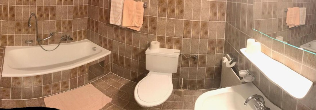 Ein modernes Badezimmer mit fliesenartiger Wandverkleidung. Es gibt eine Badewanne, eine Toilette und ein Waschbecken, sowie einen Spiegel. - Appartement Viertler - Sölden