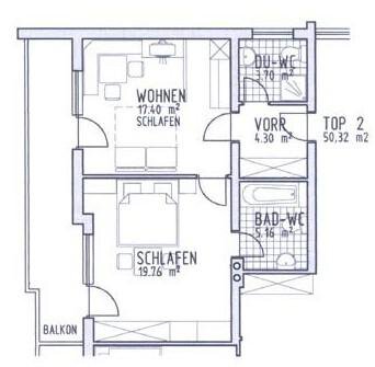 Dies ist ein Grundriss einer Wohnung mit einem Wohnbereich, einem Schlafzimmer und zwei Bädern. Der Balkon ist ebenfalls eingezeichnet. - Appartement Viertler - Sölden