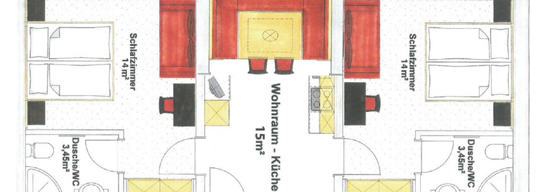A floor plan drawing of an apartment with two bedrooms and a shared living space with a kitchen. The living area is centrally located and well structured. - Appartementhaus A CASA "Kristall" - Sölden