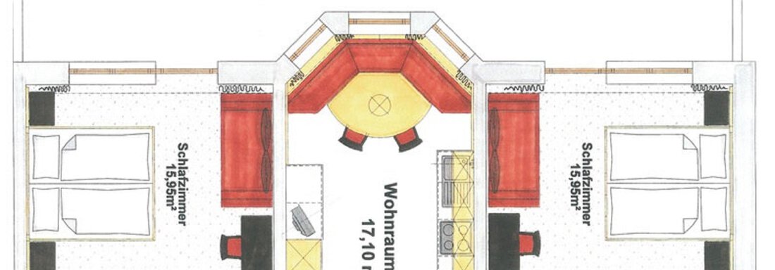 An apartment floor plan with two bedrooms, a shared living room, and a kitchen. The terrace is also marked on the plan. - Appartementhaus A CASA "Kristall" - Sölden