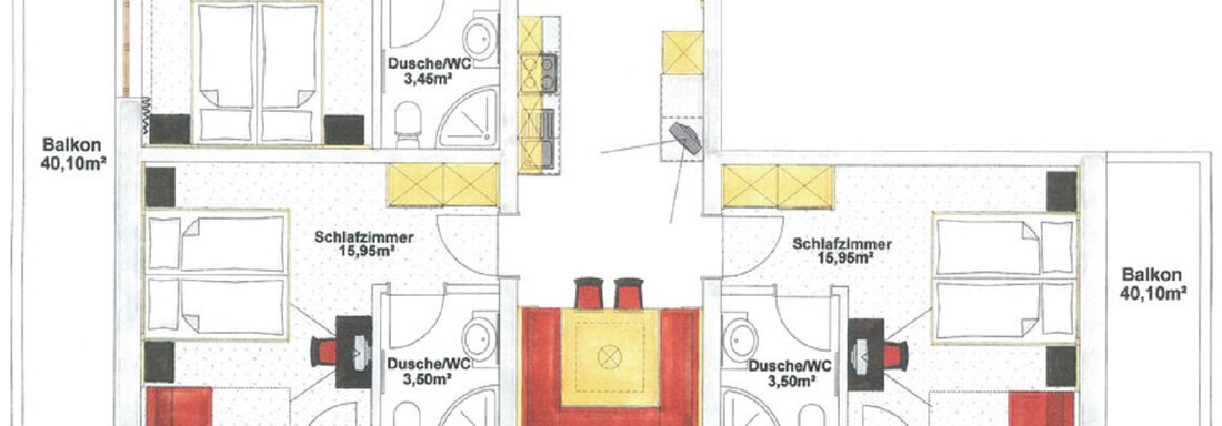 An apartment floor plan with several bedrooms, bathrooms, and a living area. Two balconies are also drawn in. - Appartementhaus A CASA "Kristall" - Sölden