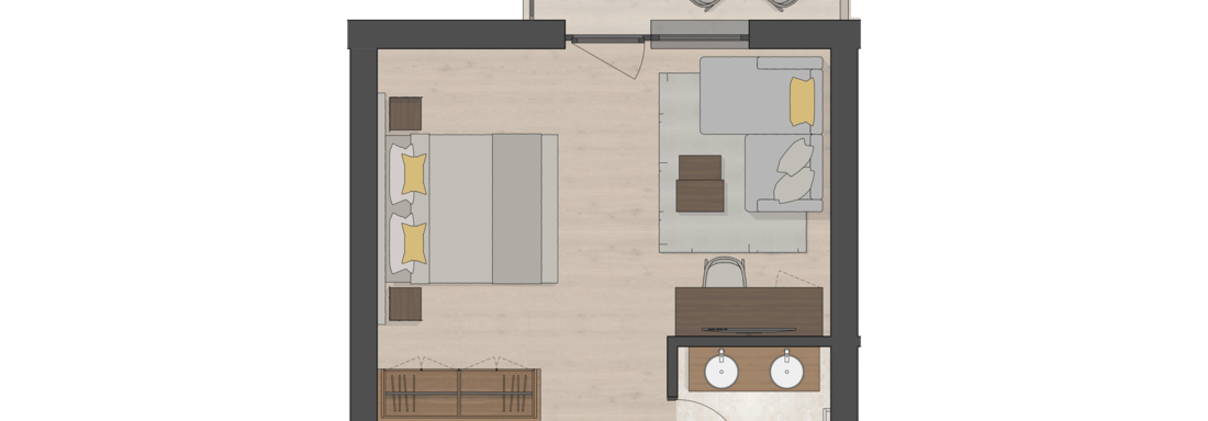 Eine übersichtliche Wohnungsgrundriss mit einem Schlafzimmer, einem Wohnbereich und einem Badezimmer. Der Raum ist gut strukturiert und bietet Platz für einen Esstisch. - Das Central - Alpine . Luxury . Life - Sölden