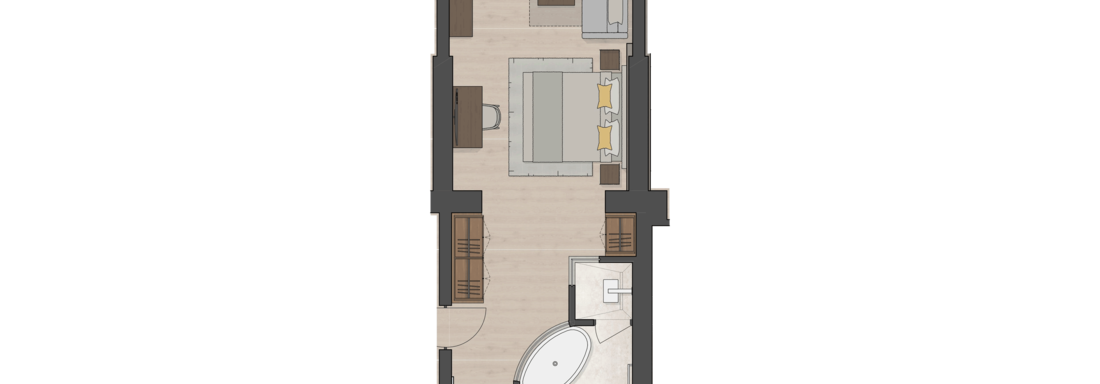 Eine Grundrisszeichnung einer Wohnung zeigt einen offenen Wohn- und Essbereich mit modernen Möbeln. Das Badezimmer ist separat, und es gibt auch einen Schlafbereich. - Das Central - Alpine . Luxury . Life - Sölden
