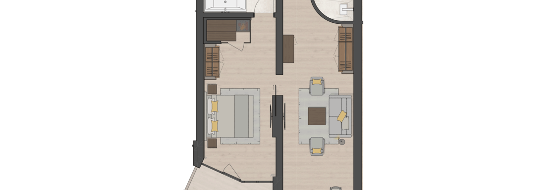 Eine moderne Grundrissskizze einer Wohnung mit zwei Schlafzimmern, einem Wohnzimmer und einer offenen Küche. Die Möbel sind einfach angeordnet und schaffen eine einladende Atmosphäre. - Das Central - Alpine . Luxury . Life - Sölden