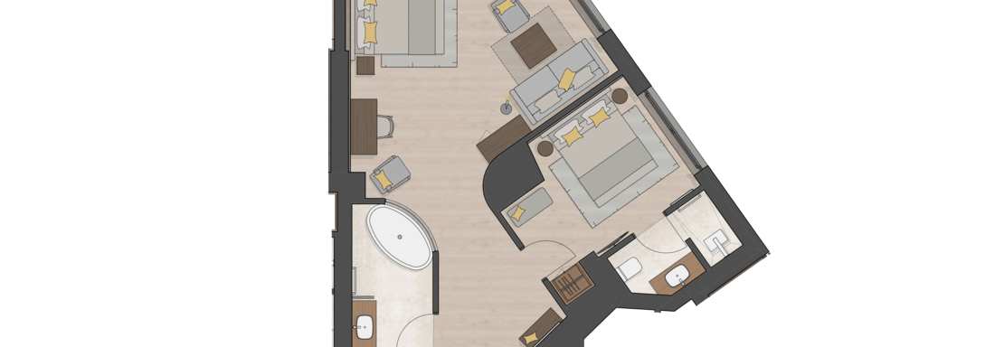Eine schematische Darstellung einer modernen Wohnung mit Wohn- und Schlafbereichen. Das Layout zeigt eine offene Gestaltung mit einem Badezimmer und einem Wohnbereich. - Das Central - Alpine . Luxury . Life - Sölden