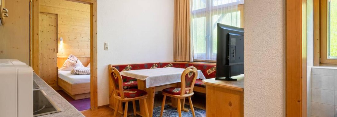 Eine gemütliche Wohnung mit Holzverkleidung und einem offenen Wohnbereich. Der Raum verfügt über einen Esstisch, einen Fernseher und eine Verbindung zu einem Schlafbereich. - Garni Nadine - Sölden