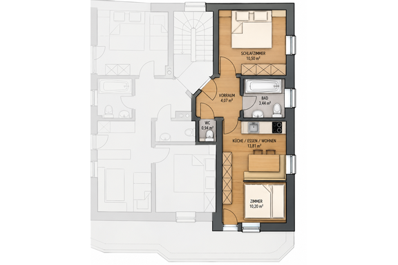 A floor plan of an apartment with different rooms. The main areas include a bedroom, a bathroom, a kitchen, and a living area. - Gästehaus Hermann Arnold - Sölden