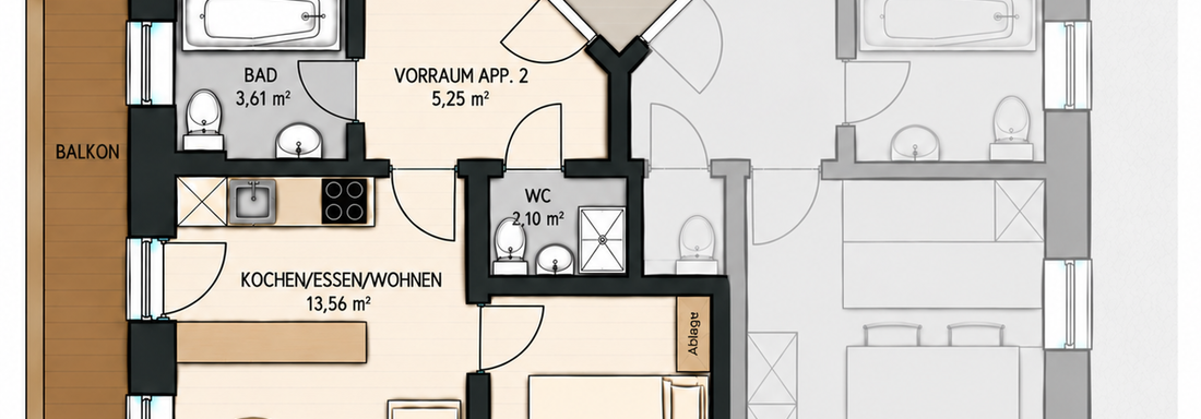 A floor plan of an apartment with two bedrooms, a living room, and a bathroom. The plan also shows a balcony and an entry area. - Gästehaus Hermann Arnold - Sölden