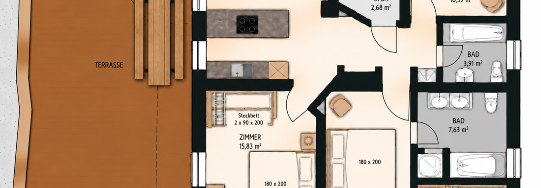 A floor plan of a modern house with several rooms. The design shows an open living kitchen, bedroom, and bathroom, as well as a terrace and a balcony. - Gästehaus Hermann Arnold - Sölden