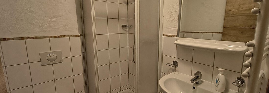 A small bathroom with a shower cabin, a sink, and a toilet. The walls are tiled and the space feels clean and functional. - Gästehaus Hermann Arnold - Sölden