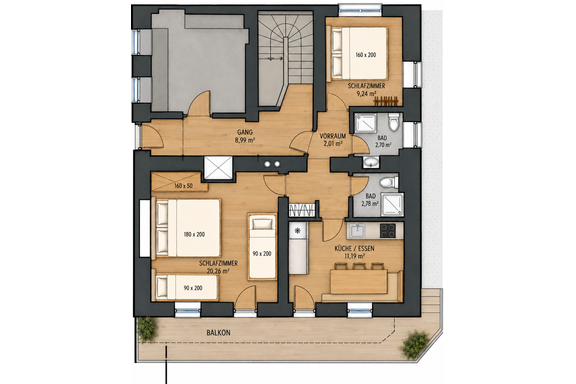 A floor plan of an apartment with several rooms. There is a bedroom, a bathroom, a kitchen, and a balcony. - Gästehaus Hermann Arnold - Sölden