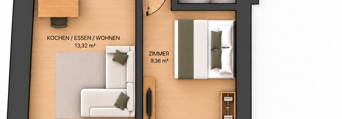 A house plan illustration with different rooms. The areas include a living space, a kitchen, a bathroom, and a bedroom. - Gästehaus Hermann Arnold - Sölden