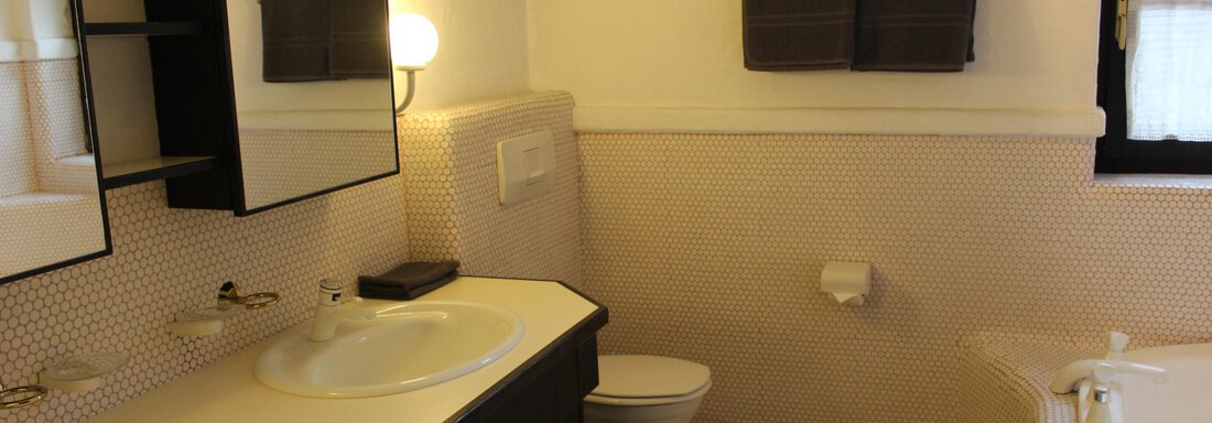 A modern bathroom with two sinks, a flushable toilet, and a large mirror. The walls are light, and there are towels in a dark color. - Gästehaus Hermann Arnold - Sölden
