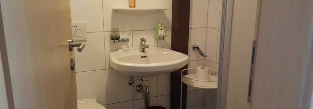 A small bathroom with a toilet and a sink. A mirror is mounted on the wall, and there is a small shelf stand. - Gästehaus Hermann Arnold - Sölden