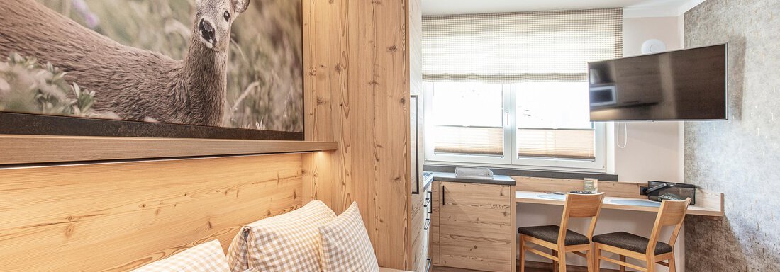 A modern room with warm wooden elements and a large window.  
On the wall hangs a picture of a deer, and there is a television as well as a desk with chairs. - GIGGI Tenne Studios - Sölden
