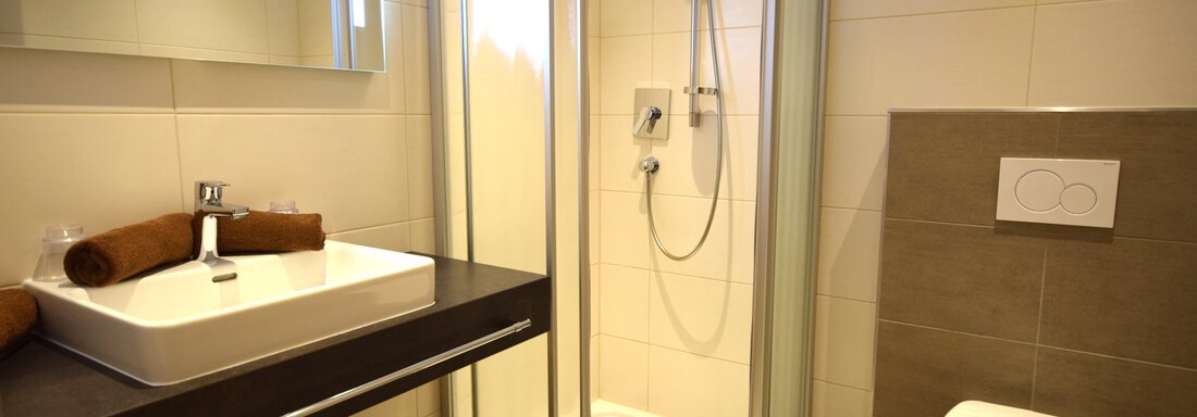 A modern bathroom with a glass shower and a stylish sink. Towels are neatly arranged, and the walls are bright and clean. - Haus Romana - Sölden