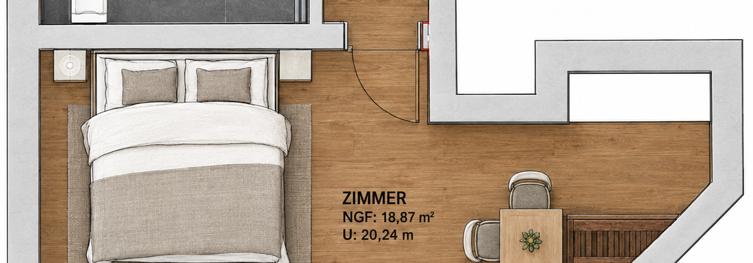 Eine Grundrisszeichnung einer Wohnung mit einem Schlafzimmer, Bad und einer kleinen Küche. Die Räume sind klar abgebildet, mit den jeweiligen Größenangaben. - Haus Tanja - Sölden