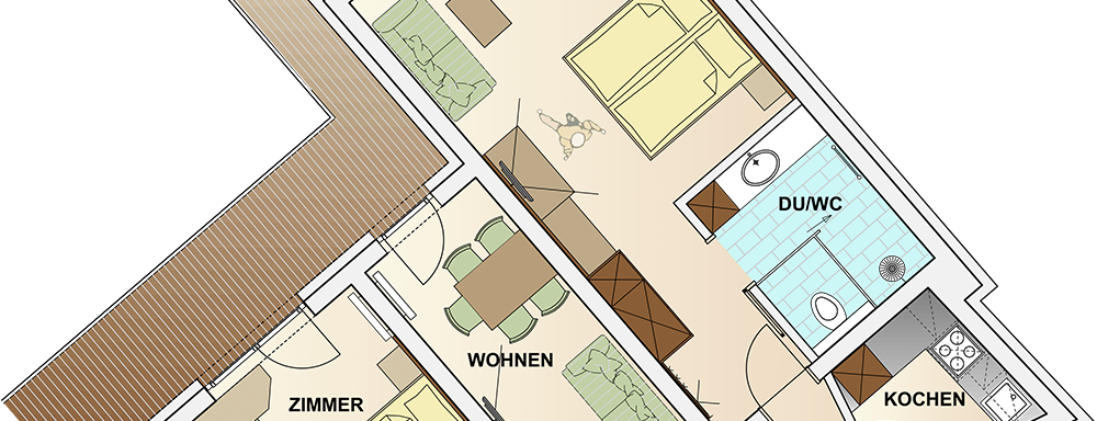 Eine übersichtliche Wohnungszeichnung mit mehreren Zimmern, einem Wohnzimmer und einer Küche. Der Plan zeigt auch einen Balkon und drei Badezimmer. - Hotel Elisabeth - Sölden