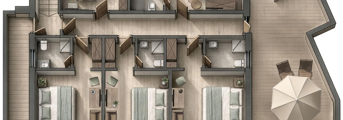 A modern floor plan drawing of a house with multiple bedrooms and a living area. Outside is a terrace with a sun umbrella. - LunApart - Sölden