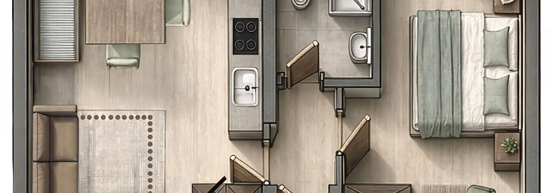A floor plan of a small apartment with a bedroom, bathroom, kitchen, and living area. The space is modernly furnished, with a clear arrangement of the furniture. - LunApart - Sölden