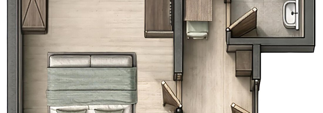 A modern apartment with one bedroom, a small kitchenette, and a bathroom. The layout is clear and functionally designed. - LunApart - Sölden