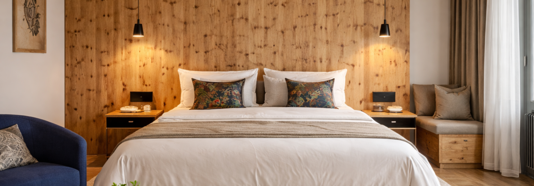 A cozy hotel room with a large bed and wooden paneling on the wall. Different seating options and a bright, inviting atmosphere. - Pension Eden - Sölden