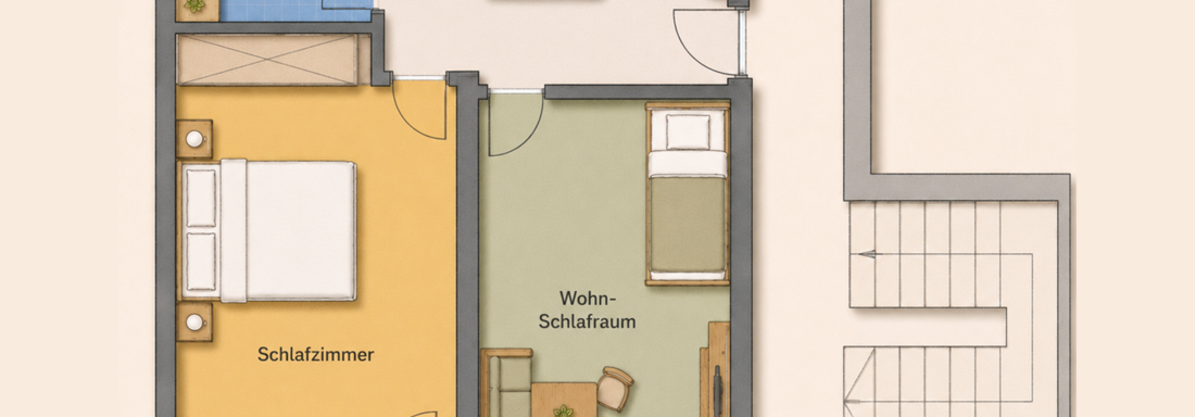 An overview of a practical apartment layout with one bedroom, a living-sleeping area, and a kitchen. The floor plan also shows a bathroom and a balcony. - Trofana Appartements - Sölden