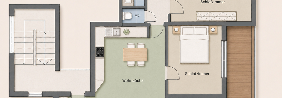 A simple floor plan drawing of an apartment with various rooms. It features a living kitchen, two bedrooms, a bathroom, and a balcony. - Trofana Appartements - Sölden
