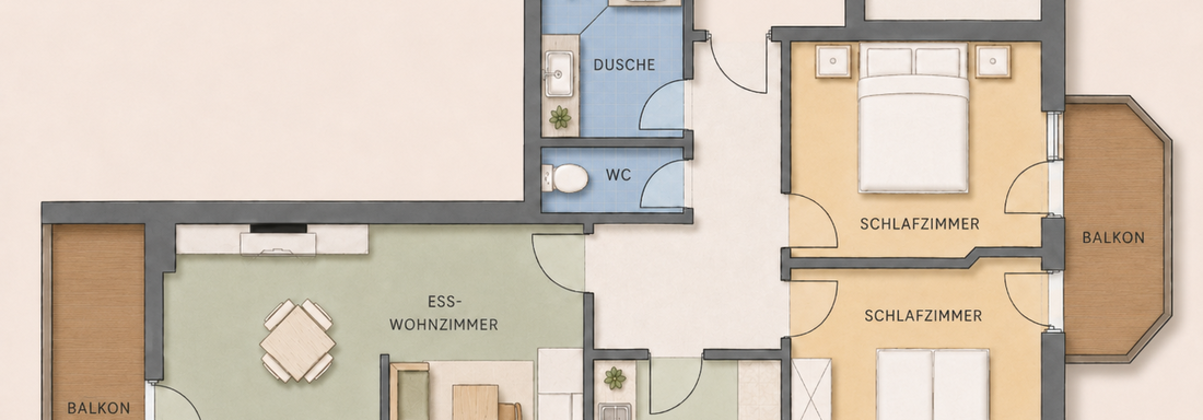 The image shows the floor plan of an apartment with bedrooms, a dining-living room, a kitchen, and bathrooms. Several balconies are also drawn in. - Trofana Appartements - Sölden