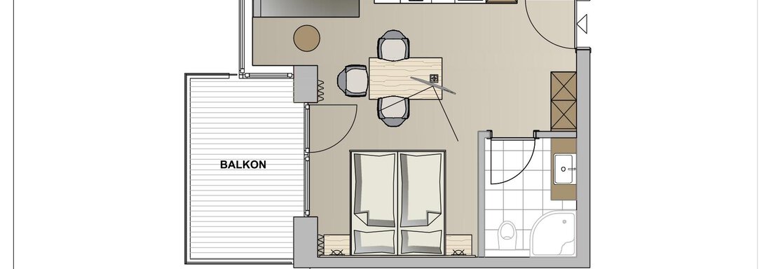 Skizze Studio 1 & 3 A floor plan drawing of an apartment with a balcony. The living area is open and includes a dining area, a kitchen, and a bathroom. - Twentyone Living - Boutique Aparthotel - Sölden