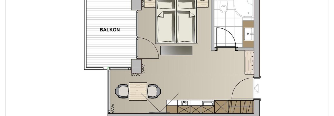 Studio 2 & 4 A schematic representation of a living space with a balcony. The room contains a double bed, a table, and two chairs, as well as a bathroom. - Twentyone Living - Boutique Aparthotel - Sölden