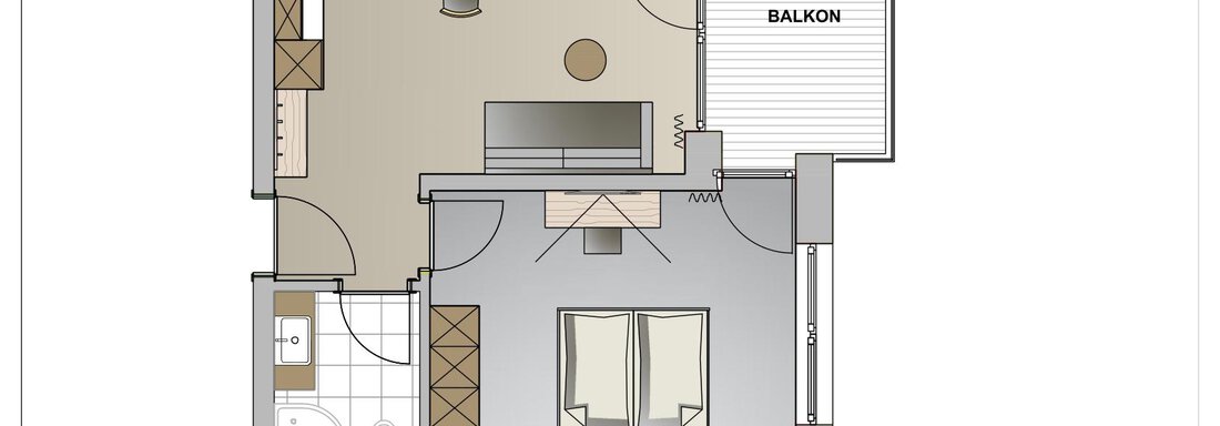 Cosy Nest 1 Skizze A floor plan of an apartment with an open living and dining area, a kitchen, and a balcony. The bedroom is separate, and there is a bathroom. - Twentyone Living - Boutique Aparthotel - Sölden
