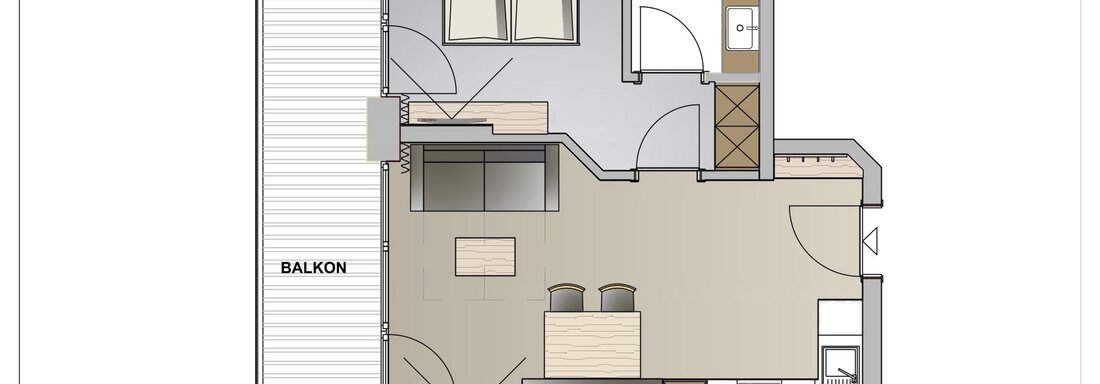 Cosy Nest 2 Skizze A floor plan drawing of an apartment with a balcony. The rooms include a bedroom, a bathroom, and a living room. - Twentyone Living - Boutique Aparthotel - Sölden