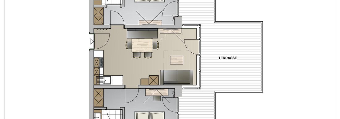 Friends Skizze A floor plan of a living space with two bedrooms, a living room, and a terrace. The rooms are clearly structured and functionally arranged. - Twentyone Living - Boutique Aparthotel - Sölden