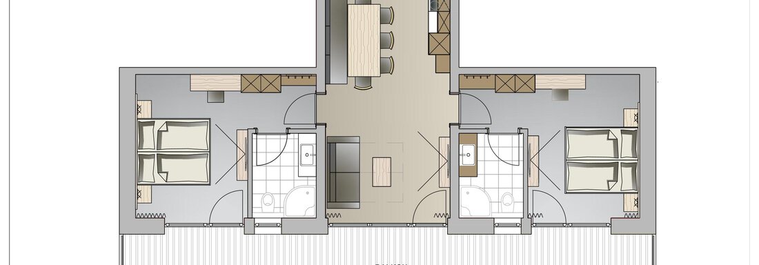 Family & Friends Skizze The image shows a floor plan of an apartment with two bedrooms and a balcony. In the center, there is a living area with a dining table. - Twentyone Living - Boutique Aparthotel - Sölden
