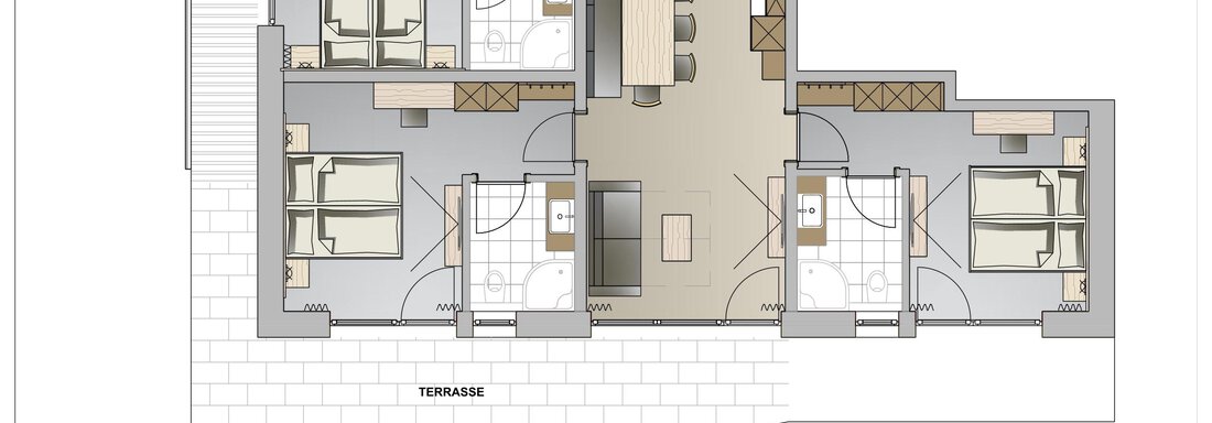 Skizze Friends & More 1 A clear floor plan of an apartment with several bedrooms, a living room, and a dining area. The plan shows a balcony and a terrace. - Twentyone Living - Boutique Aparthotel - Sölden