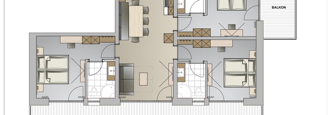 Skizze Friends & More 2 An architectural floor plan of an apartment. The design shows rooms, balconies, and a central living area. - Twentyone Living - Boutique Aparthotel - Sölden