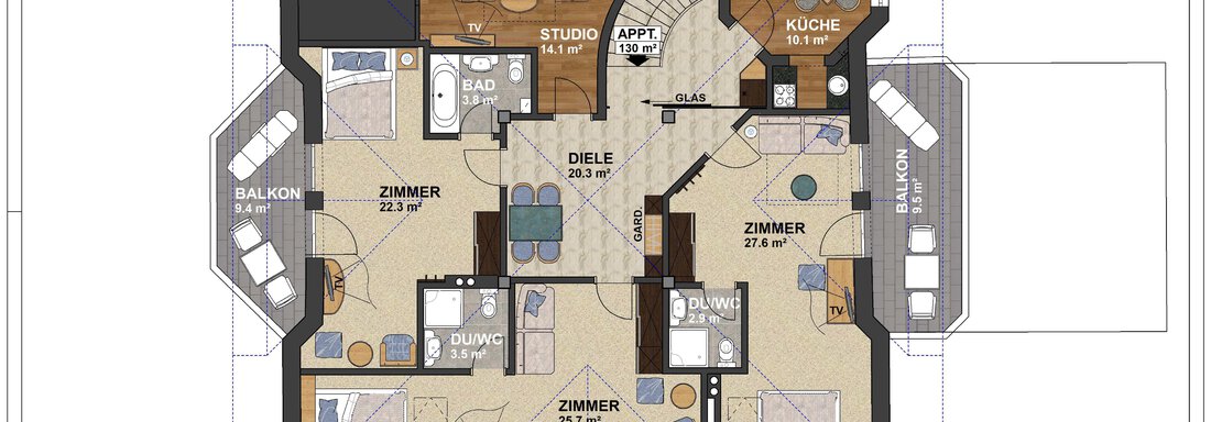 Eine Grundrissskizze eines Appartements mit mehreren Zimmern, einer Küche und mehreren Balkonen. Die Räume sind klar angegeben und beinhalten Wohnzimmer, Schlafzimmer und Badezimmer. - Villa Castelbell - Sölden