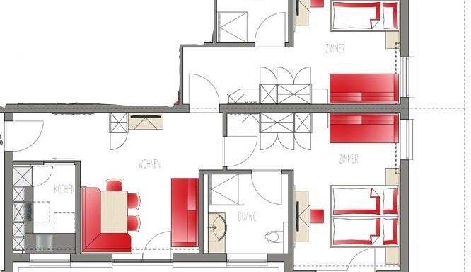 Ein Grundriss einer Wohnung mit mehreren Zimmern. Die Küche, das Wohnzimmer und mehrere Schlafzimmer sind deutlich erkennbar. - Zenz´n Hof - Sölden