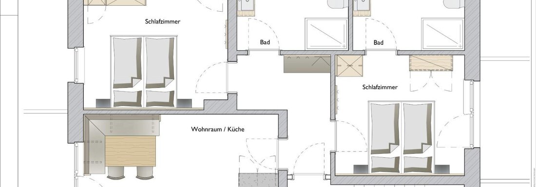 This is a floor plan of an apartment with two bedrooms and a living area with a kitchen. The rooms are clearly arranged and well structured. - Zenz´n Hof - Sölden