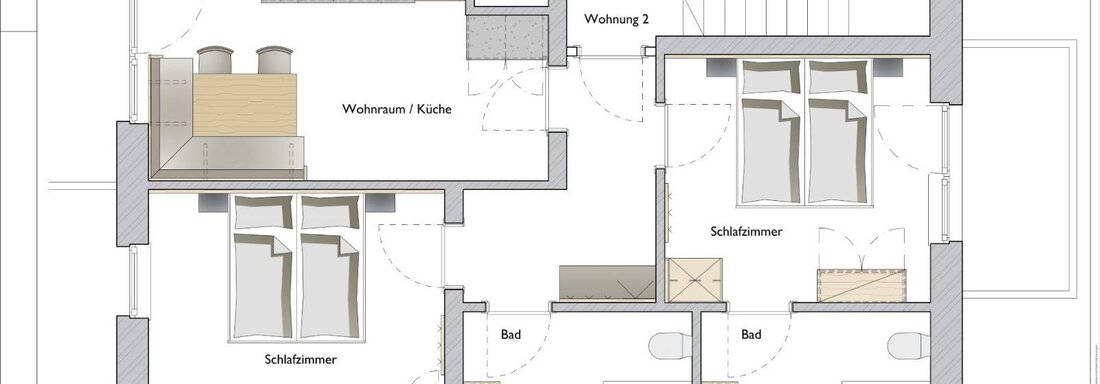 A floor plan of a living space with several rooms and bathrooms. The layout shows living areas, bedrooms, and a kitchen. - Zenz´n Hof - Sölden