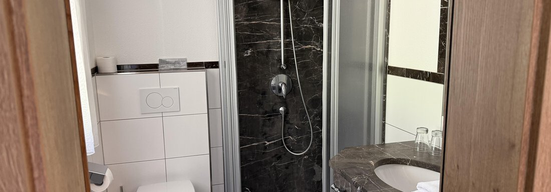 A modern bathroom with a shower, a sink, and a toilet. The walls are designed with white and dark tiles. - Mein Weisskugel - Vent