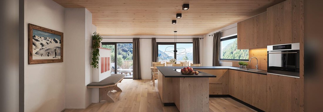 Moderne Küche mit Holzmöbeln und großen Fenstern. Der Raum ist hell und einladend, mit Blick auf die umliegende Natur. - Chalet s’Tyrolia - Zwieselstein