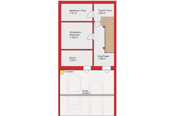 Eine Grundrisszeichnung eines Hauses mit verschiedenen Räumen wie Abstellraum, Technikraum und Garage. Der Plan zeigt auch eine Infraot-Sauna und einen Skiraum. - Chalet s’Tyrolia - Zwieselstein