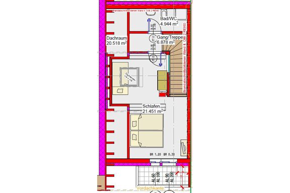 Ein Grundriss eines Hauses mit verschiedenen Räumen wie Schlafzimmer, Bad und Dachraum. Die Maße der einzelnen Räume sind angegeben. - Chalet s’Tyrolia - Zwieselstein