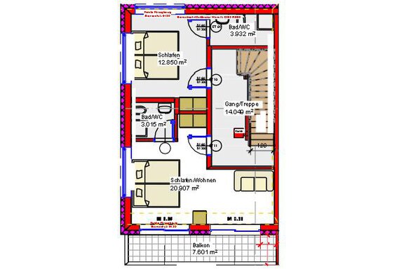 Ein Grundriss eines Hauses mit mehreren Schlafzimmern, Badezimmern und einem Balkon. Die Räume sind übersichtlich angeordnet und mit Maßen versehen. - Chalet s’Tyrolia - Zwieselstein