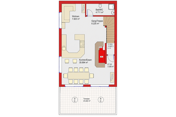 Eine Grundrisszeichnung eines Hauses mit verschiedenen Räumen. Zu sehen sind ein Wohnbereich, eine Küche mit Essbereich, sowie ein Bad und eine Terrasse. - Chalet s’Tyrolia - Zwieselstein