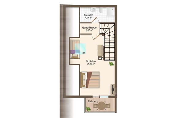 A floor plan drawing of an apartment with one bedroom, bathroom, and balcony. The room includes a staircase and a hallway. - Chalet s’Tyrolia - Zwieselstein