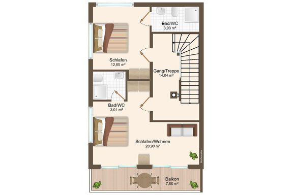 A room layout of a house with various rooms. It shows a bedroom, bathroom, and a balcony. - Chalet s’Tyrolia - Zwieselstein